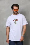 Unisex Bisiklet Yaka Baskılı Oversize T-shirt - Beyaz Unisex Bisiklet Yaka Baskılı Oversize T-shirt - Beyaz