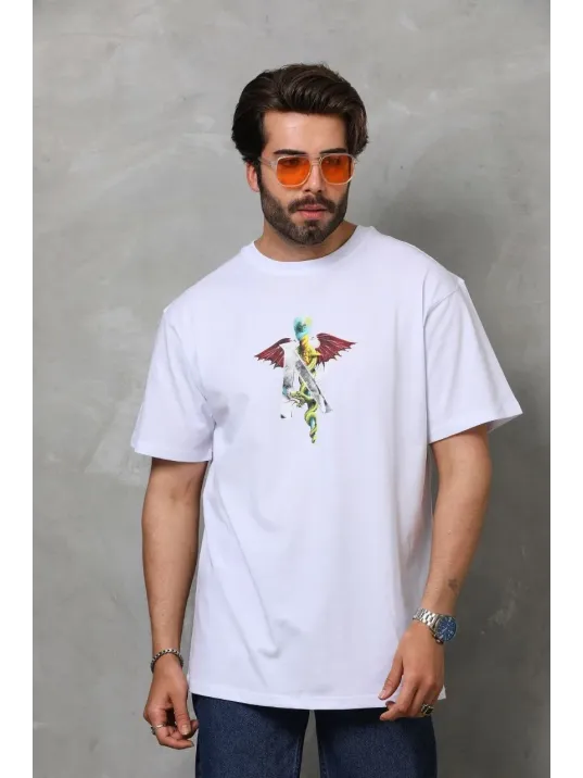 Unisex Bisiklet Yaka Baskılı Oversize T-Shirt - Beyaz Unisex Bisiklet Yaka Baskılı Oversize T-Shirt - Beyaz