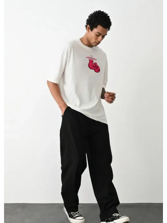 Unisex Bisiklet Yaka Baskılı Oversize T-Shirt - Beyaz Unisex Bisiklet Yaka Baskılı Oversize T-Shirt - Beyaz