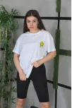 Unisex Bisiklet Yaka Baskılı Oversize T-shirt - Beyaz