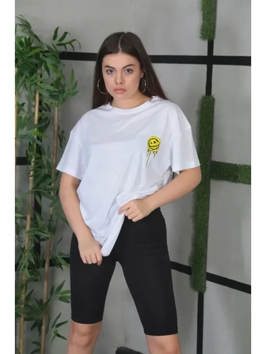 Unisex Bisiklet Yaka Baskılı Oversize T-Shirt - Beyaz Unisex Bisiklet Yaka Baskılı Oversize T-Shirt - Beyaz