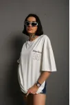 Unisex Bisiklet Yaka Baskılı Oversize T-shirt - Beyaz