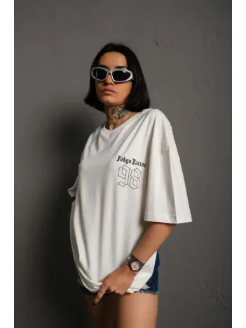 Unisex Bisiklet Yaka Baskılı Oversize T-Shirt - Beyaz Unisex Bisiklet Yaka Baskılı Oversize T-Shirt - Beyaz