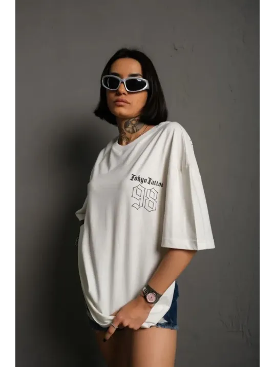 Unisex Bisiklet Yaka Baskılı Oversize T-Shirt - Beyaz