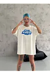 Unisex Bisiklet Yaka Baskılı Oversize T-shirt - Beyaz