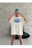 Unisex Bisiklet Yaka Baskılı Oversize T-shirt - Beyaz