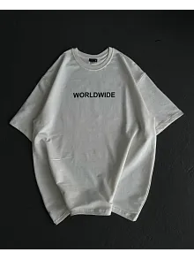 Unisex Bisiklet Yaka Baskılı Oversize T-shirt - Beyaz
