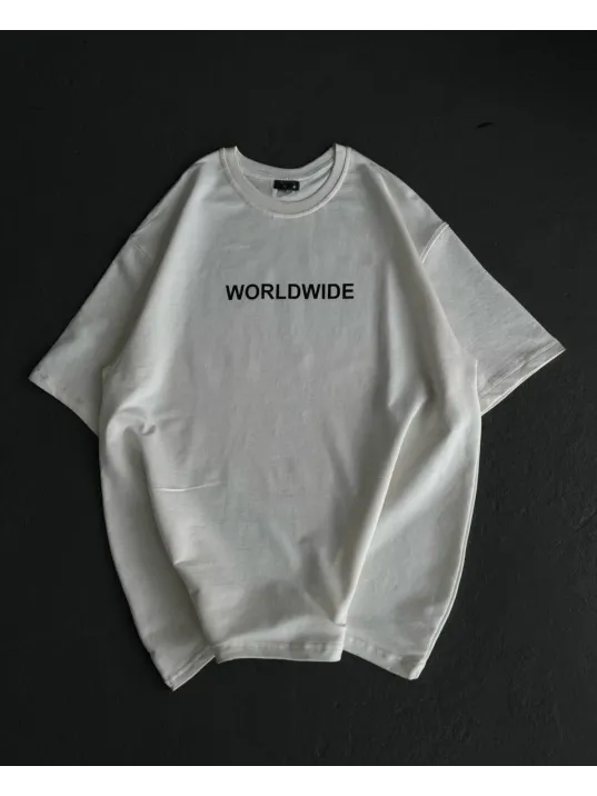 Unisex Bisiklet Yaka Baskılı Oversize T-Shirt - Beyaz Unisex Bisiklet Yaka Baskılı Oversize T-Shirt - Beyaz