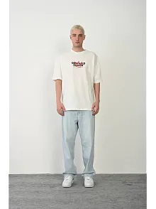 Unisex Bisiklet Yaka Baskılı Oversize T-shirt - Beyaz