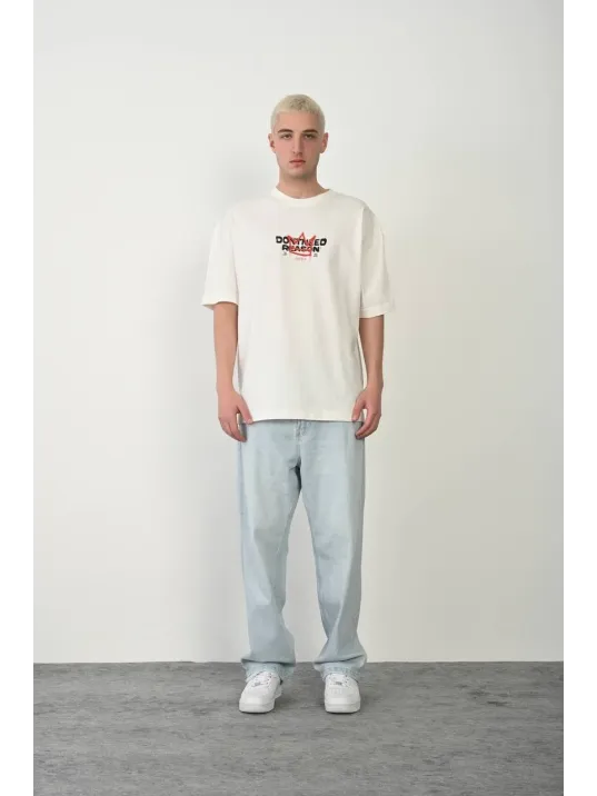 Unisex Bisiklet Yaka Baskılı Oversize T-Shirt - Beyaz Unisex Bisiklet Yaka Baskılı Oversize T-Shirt - Beyaz