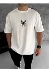 Unisex Bisiklet Yaka Baskılı Oversize T-shirt - Beyaz