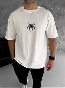 Unisex Bisiklet Yaka Baskılı Oversize T-shirt - Beyaz