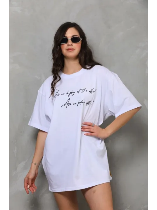 Unisex Bisiklet Yaka Baskılı Oversize T-shirt - Beyaz