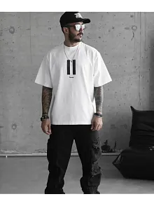 Unisex Bisiklet Yaka Baskılı Oversize T-shirt - Beyaz