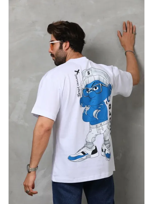 Unisex Bisiklet Yaka Baskılı Oversize T-Shirt - Beyaz Unisex Bisiklet Yaka Baskılı Oversize T-Shirt - Beyaz