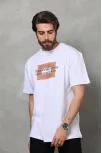 Unisex Bisiklet Yaka Baskılı Oversize T-shirt - Beyaz