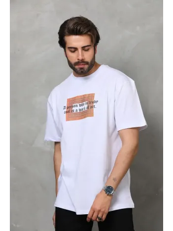 Unisex Bisiklet Yaka Baskılı Oversize T-Shirt - Beyaz Unisex Bisiklet Yaka Baskılı Oversize T-Shirt - Beyaz