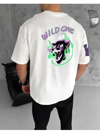 Unisex Bisiklet Yaka Baskılı Oversize T-shirt - Beyaz Unisex Bisiklet Yaka Baskılı Oversize T-shirt - Beyaz