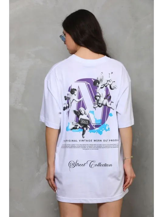 Unisex Bisiklet Yaka Baskılı Oversize T-shirt - Beyaz