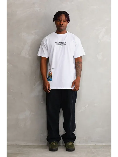 Unisex Bisiklet Yaka Baskılı Oversize T-shirt - Beyaz