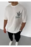 Unisex Bisiklet Yaka Baskılı Oversize T-shirt - Beyaz