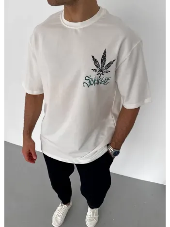 Unisex Bisiklet Yaka Baskılı Oversize T-Shirt - Beyaz Unisex Bisiklet Yaka Baskılı Oversize T-Shirt - Beyaz