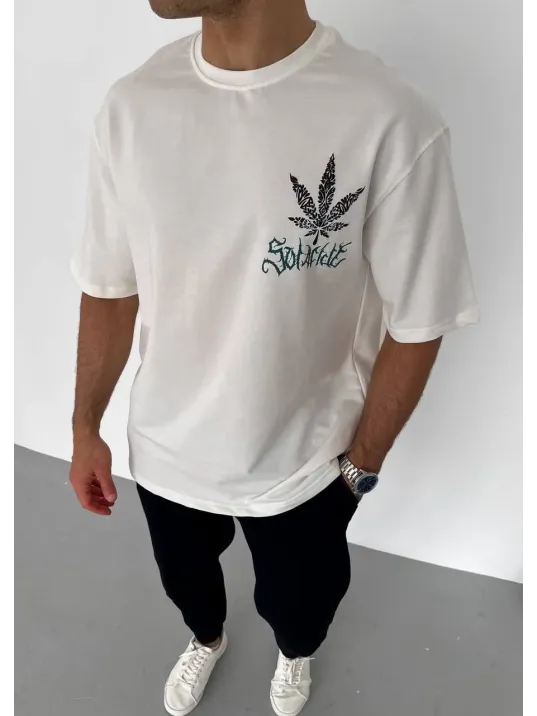 Unisex Bisiklet Yaka Baskılı Oversize T-Shirt - Beyaz Unisex Bisiklet Yaka Baskılı Oversize T-Shirt - Beyaz