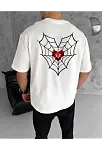 Unisex Bisiklet Yaka Baskılı Oversize T-shirt - Beyaz