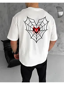 Unisex Bisiklet Yaka Baskılı Oversize T-shirt - Beyaz