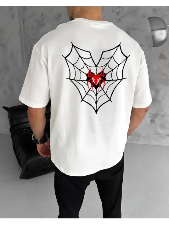 Unisex Bisiklet Yaka Baskılı Oversize T-Shirt - Beyaz Unisex Bisiklet Yaka Baskılı Oversize T-Shirt - Beyaz