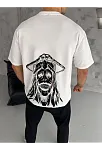 Unisex Bisiklet Yaka Baskılı Oversize T-shirt - Beyaz