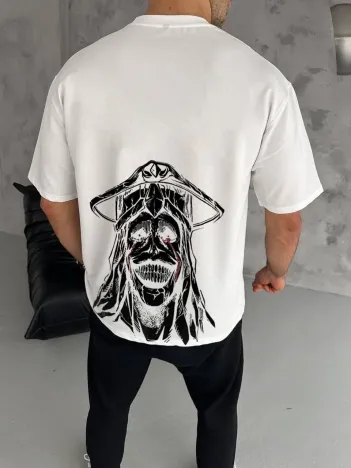 Unisex Bisiklet Yaka Baskılı Oversize T-shirt - Beyaz