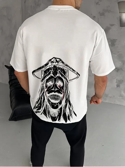 Unisex Bisiklet Yaka Baskılı Oversize T-shirt - Beyaz