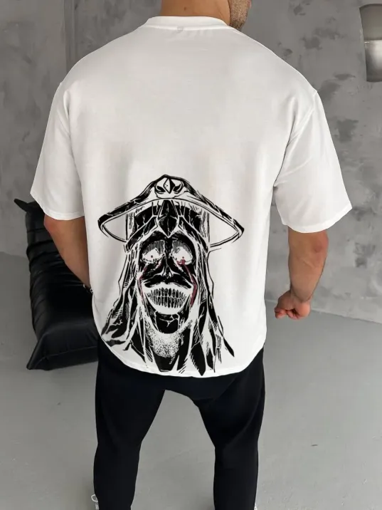 Unisex Bisiklet Yaka Baskılı Oversize T-shirt - Beyaz Unisex Bisiklet Yaka Baskılı Oversize T-shirt - Beyaz