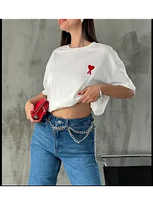 Unisex Bisiklet Yaka Baskılı Oversize T-shirt - Beyaz