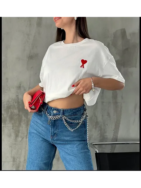 Unisex Bisiklet Yaka Baskılı Oversize T-shirt - Beyaz