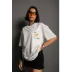 Unisex Bisiklet Yaka Baskılı Oversize T-Shirt - Beyaz