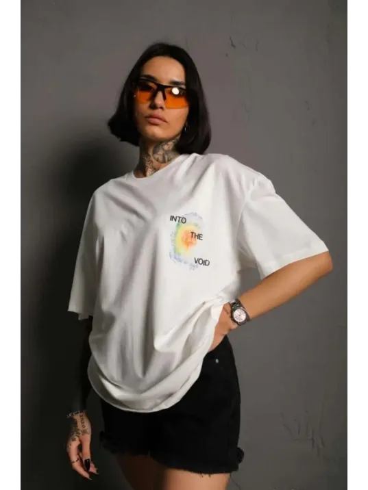 Unisex Bisiklet Yaka Baskılı Oversize T-Shirt - Beyaz Unisex Bisiklet Yaka Baskılı Oversize T-Shirt - Beyaz