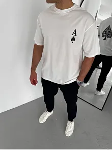 Unisex Bisiklet Yaka Baskılı Oversize T-shirt - Beyaz