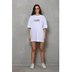 Unisex Bisiklet Yaka Baskılı Oversize T-Shirt - Beyaz