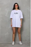 Unisex Bisiklet Yaka Baskılı Oversize T-shirt - Beyaz