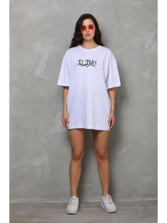 Unisex Bisiklet Yaka Baskılı Oversize T-Shirt - Beyaz