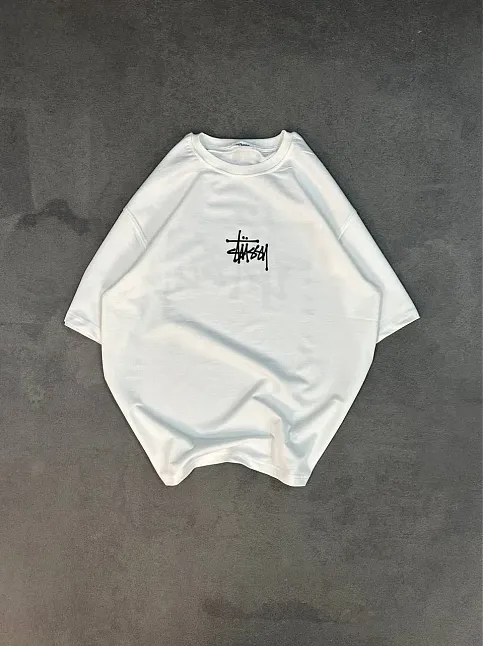Unisex Bisiklet Yaka Baskılı Oversize T-shirt - Beyaz