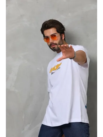 Unisex Bisiklet Yaka Baskılı Oversize T-Shirt - Beyaz Unisex Bisiklet Yaka Baskılı Oversize T-Shirt - Beyaz