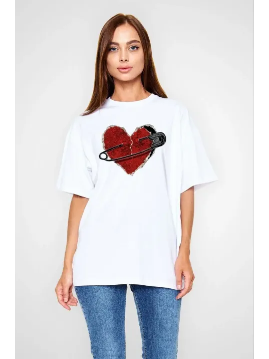 Unisex Bisiklet Yaka Baskılı Oversize T-Shirt - Beyaz Unisex Bisiklet Yaka Baskılı Oversize T-Shirt - Beyaz