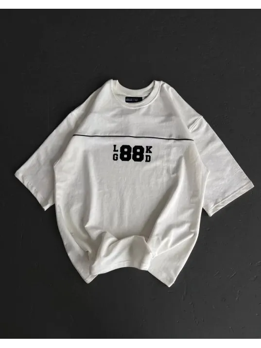 Unisex Bisiklet Yaka Baskılı Oversize T-shirt - Beyaz