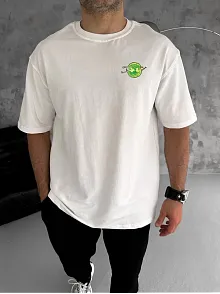 Unisex Bisiklet Yaka Baskılı Oversize T-shirt - Beyaz