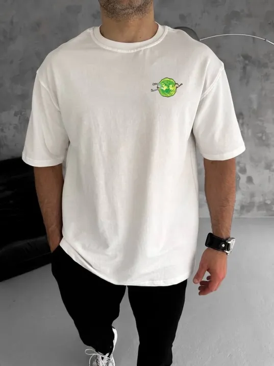 Unisex Bisiklet Yaka Baskılı Oversize T-Shirt - Beyaz Unisex Bisiklet Yaka Baskılı Oversize T-Shirt - Beyaz