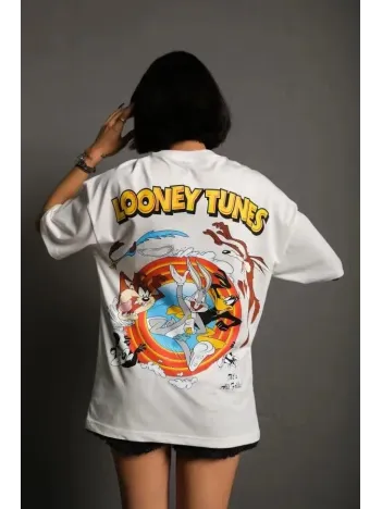 Unisex Bisiklet Yaka Baskılı Oversize T-Shirt - Beyaz Unisex Bisiklet Yaka Baskılı Oversize T-Shirt - Beyaz