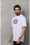 Unisex Bisiklet Yaka Baskılı Oversize T-shirt - Beyaz